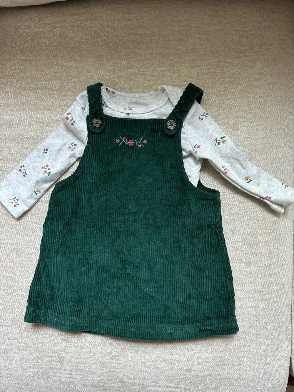 Carter's Dark Green Corduroy Pinafore Dress with Floral Accent